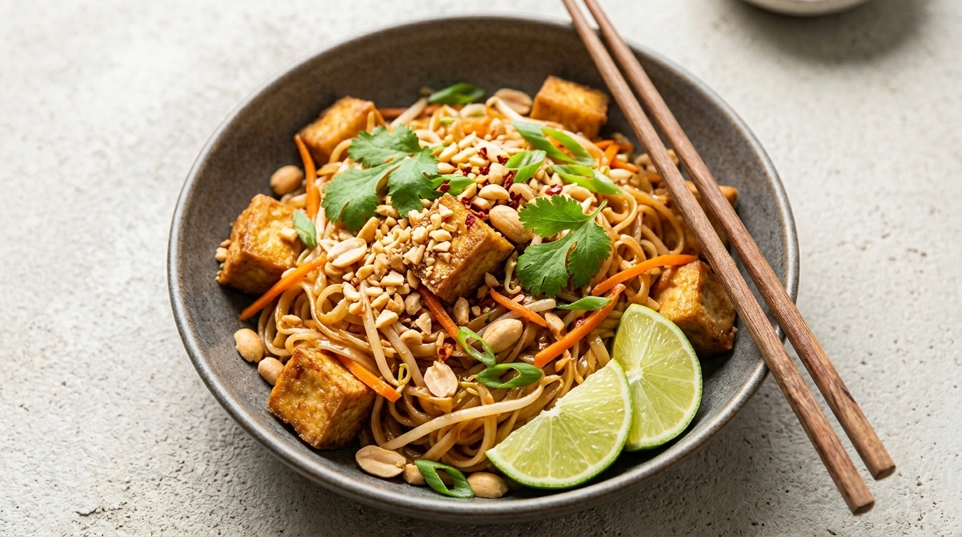 Snabb vegetarisk pad thai med tofu – Asiatisk gatumat på 15 minuter - traditionellt Thailändskt Middag recept, perfekt till vardagsmiddag